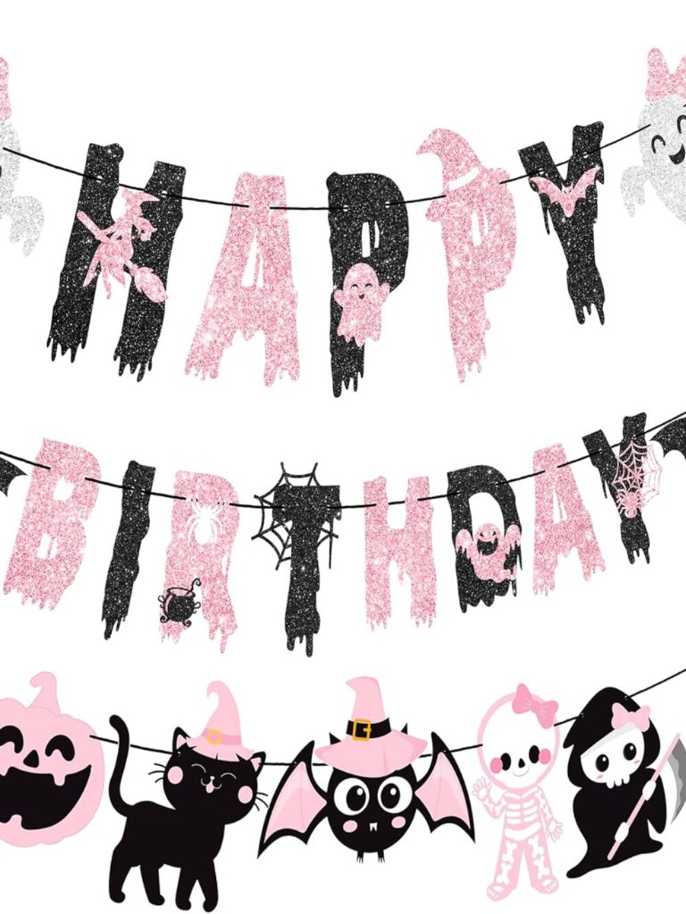 Pink & Black "Happy Birthday" Halloween Themed 3pcs Banner - New